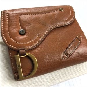 DIOR Brown Tan Leather Saddle Brass D Charm Wallet